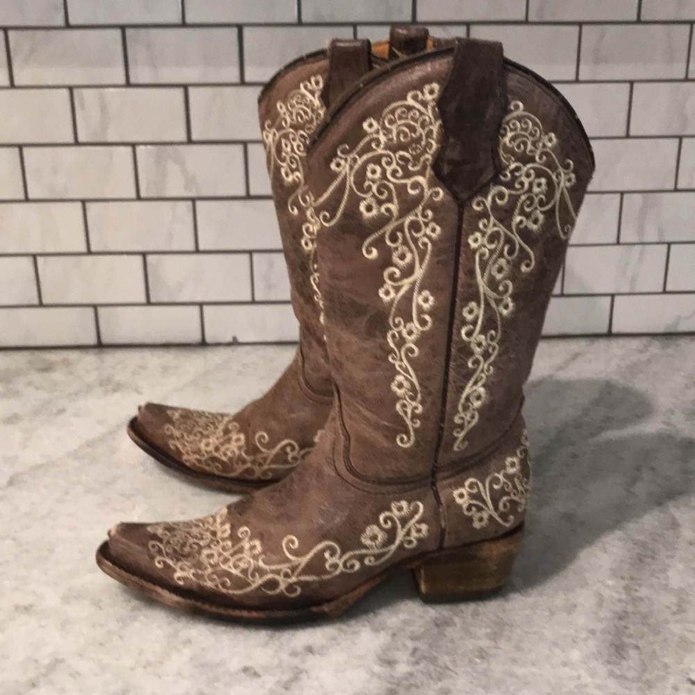 Corral Boots Girls Size 2.5 Teen Brown Leather Embroidered Western Boho Cowgirl - Picture 5 of 12